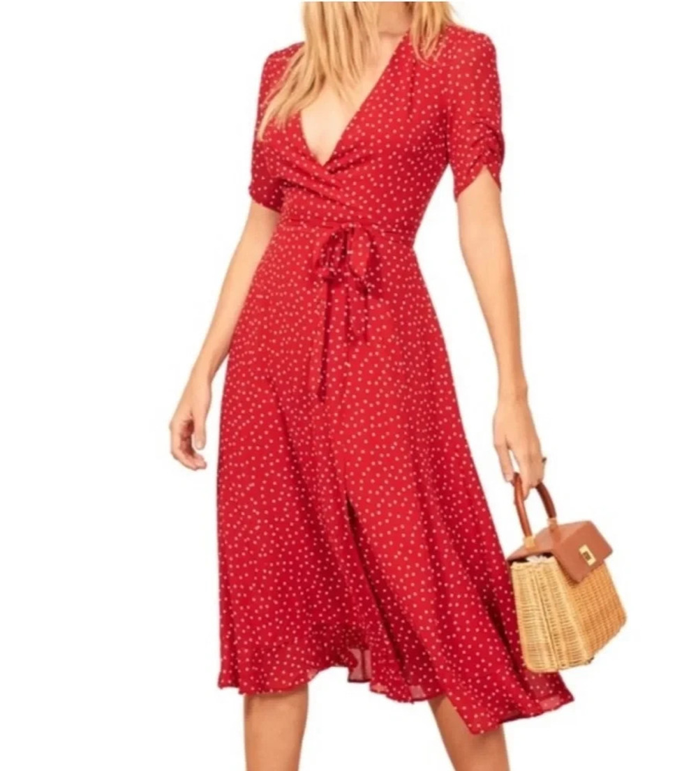 Reformation Napa Wrap Midi Dress Ditty Red Polka Dot Short Sleeve V neck XS
